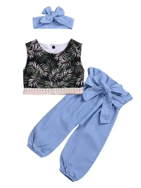 3-Piece Baby Toddler Girl Clothes Outfit Leaf Tassel Trimmed Crop Top Bow Blue Trousers Headband