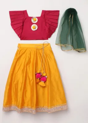 3Pcs Yellow and Fuchsia Lehenga Set