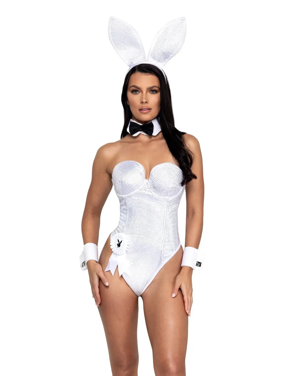 8pc White Rhinestone Playboy Bunny Costume