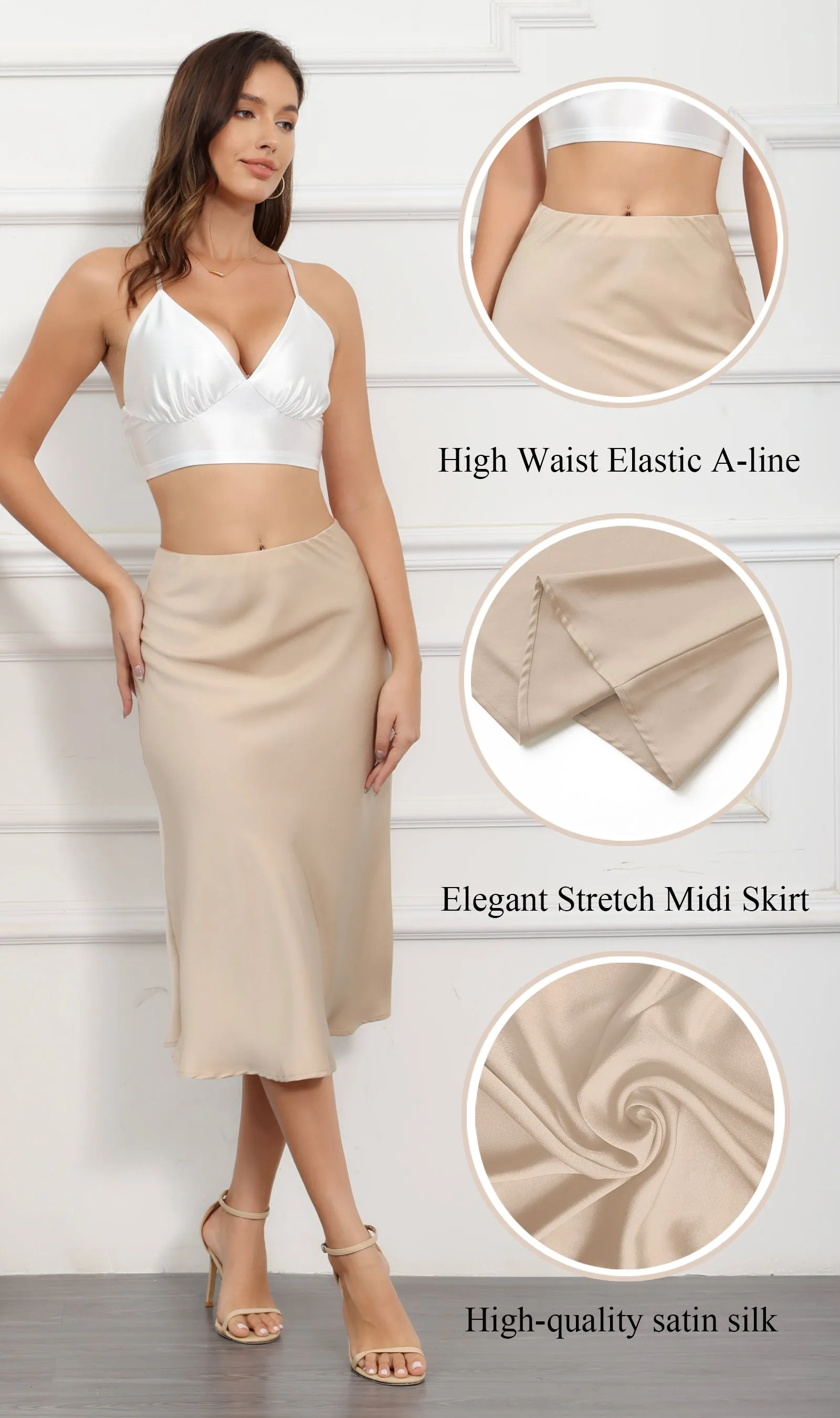 ALCEA ROSEA Womens Midi Satin Silky Skirt Elastic High Waisted A-line Elegant Wedding Skirts Champagne AR7302