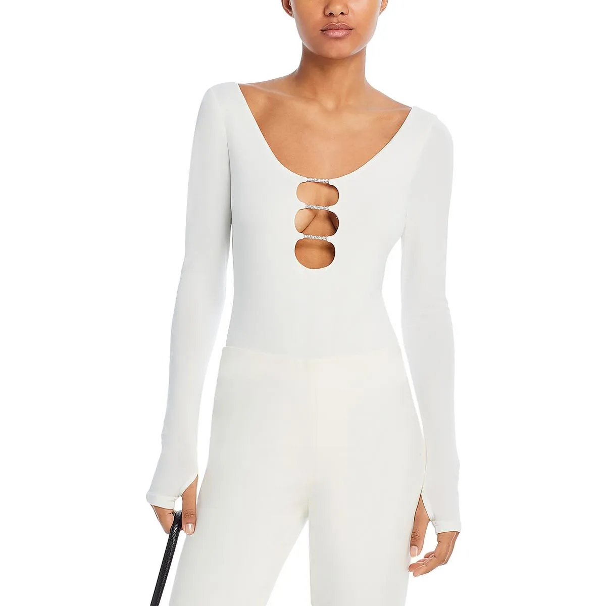 Alice and Olivia Womens Kalena Rhinestone Cut-Out Bodysuit