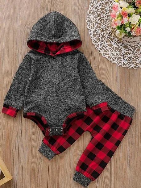 Baby Checkered Plaid Playtime Hooded Bodysuit And Pants Set