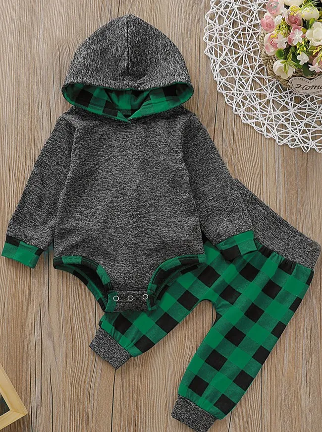 Baby Checkered Plaid Playtime Hooded Bodysuit And Pants Set