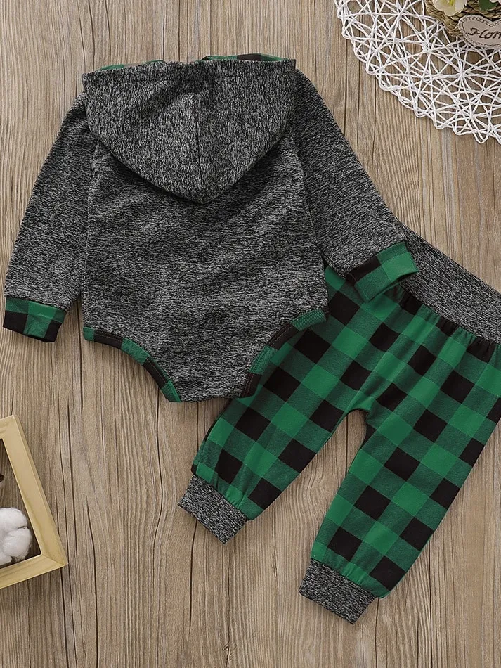 Baby Checkered Plaid Playtime Hooded Bodysuit And Pants Set