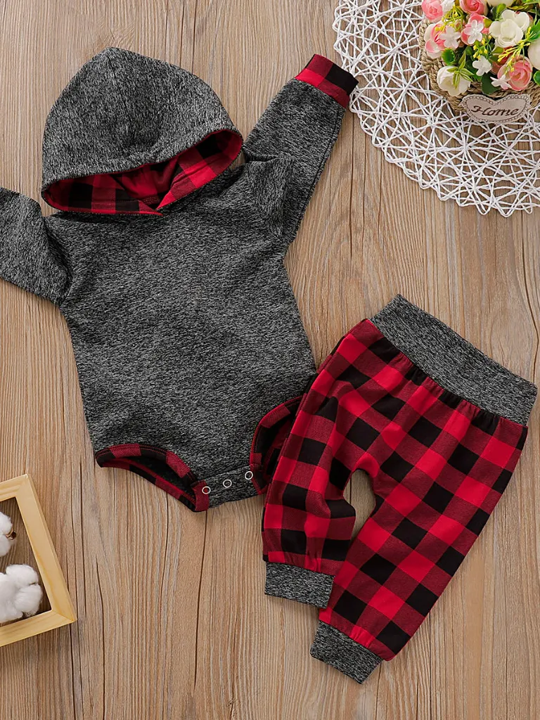 Baby Checkered Plaid Playtime Hooded Bodysuit And Pants Set