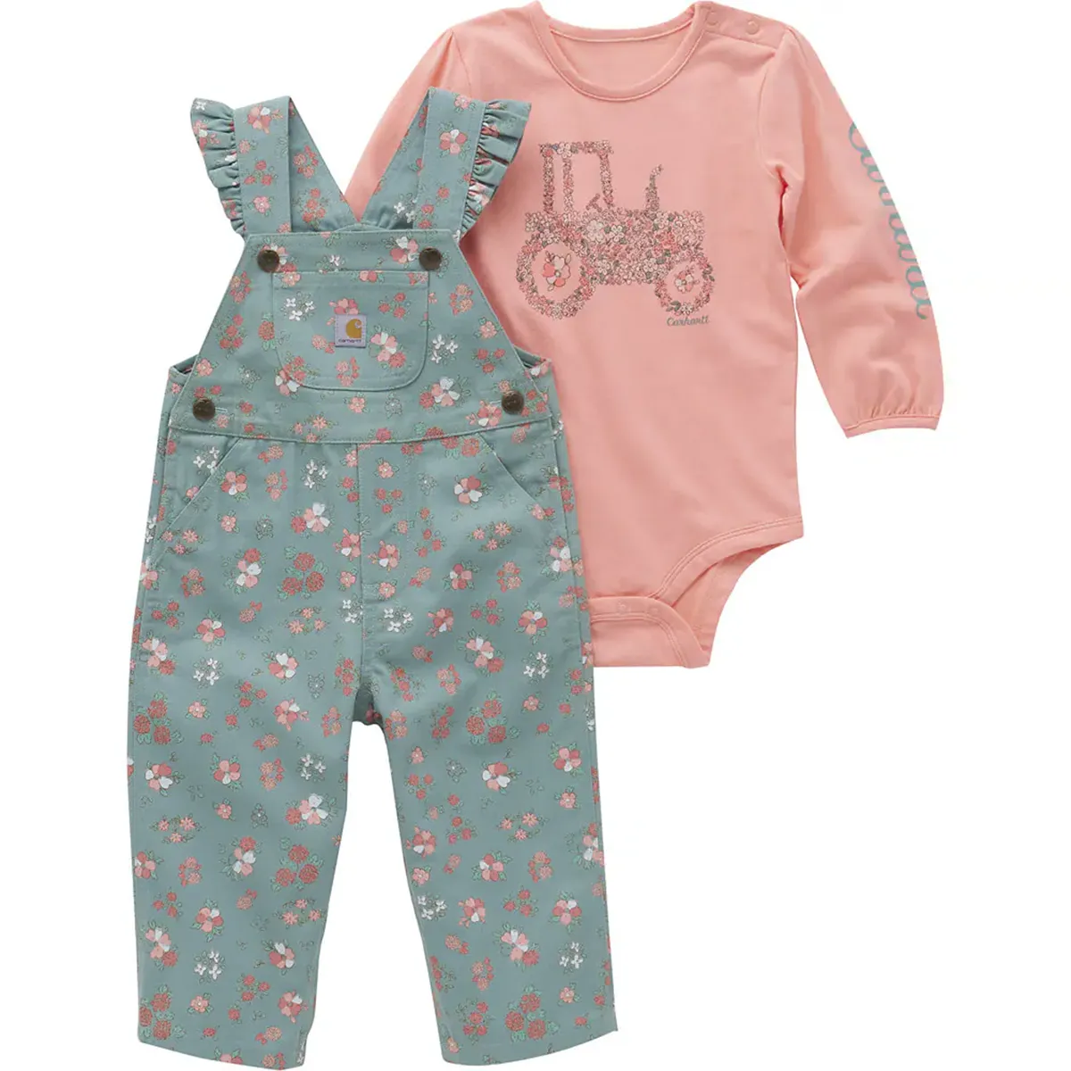 Baby Girls' Long-SLeeve Bodysuit Ruffle Trim Canvas Overall 2-Piece Set CG9904