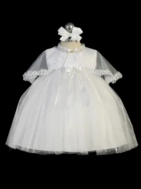 Baby Girls White Pleated Tulle Bow Cape Baptism Gown 0-12M