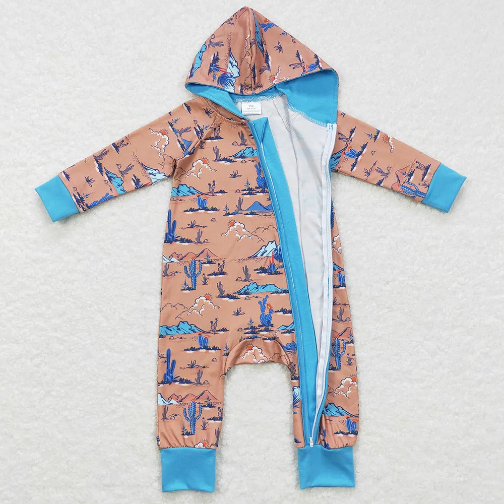 Baby Infant Romper Hooded Western Cactus Zip Long Sleeve Romper LR0702