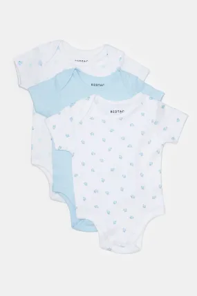 Baby White And Blue Printed Bodysuit Set (Pack Of 3)