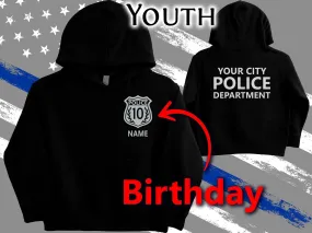 Birthday Police Youth Sized Hoodie in Black with Badge and Personalized Name - Optional Police Department on Back