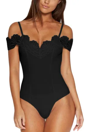 Black Crochet V Neckline Off-shoulder Bodysuit