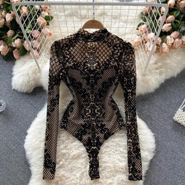 Black Goth Bodysuit - Black Long Sleeve Bodysuit - Lace Flocked Bodysuit - Birthday Photoshoot