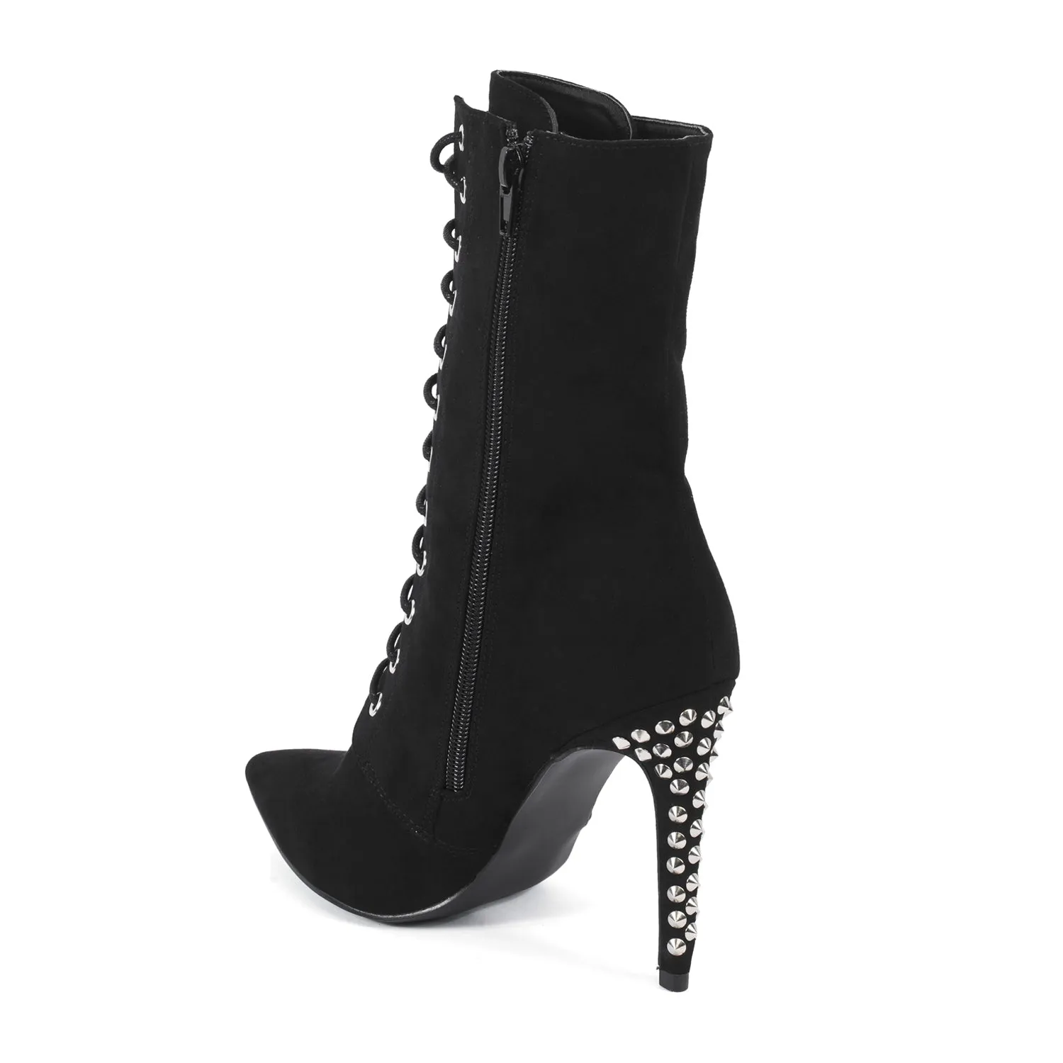 Black Lace Up Studded Stilleto Heel Ankle Boots