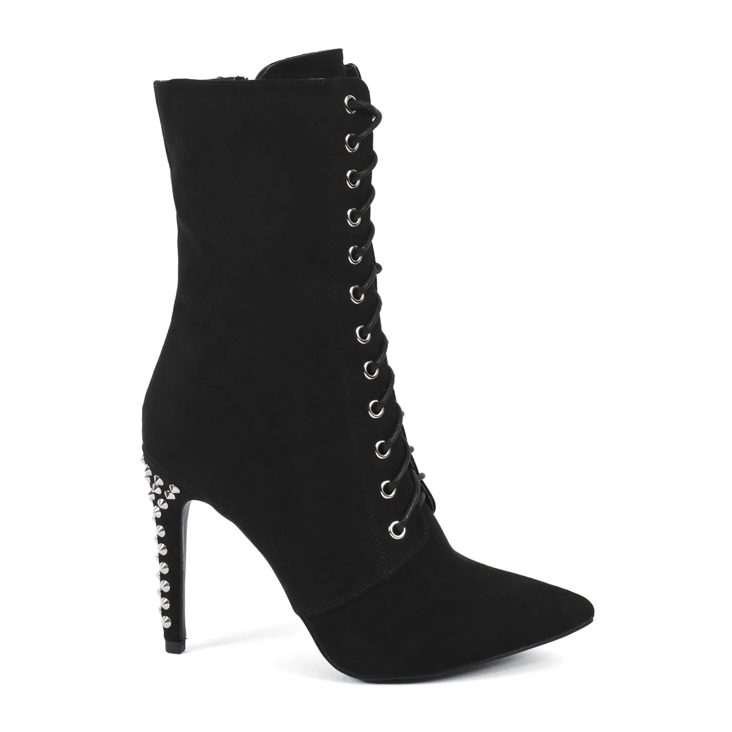 Black Lace Up Studded Stilleto Heel Ankle Boots