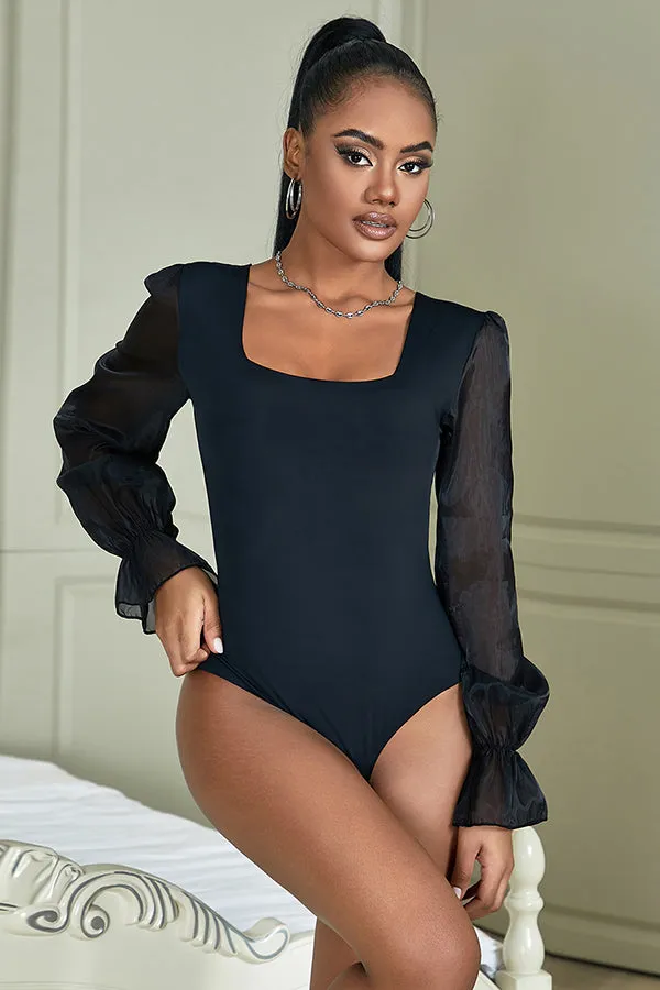 Black Long Sleeve Stretch Bodysuit with Chiffon Sleeves