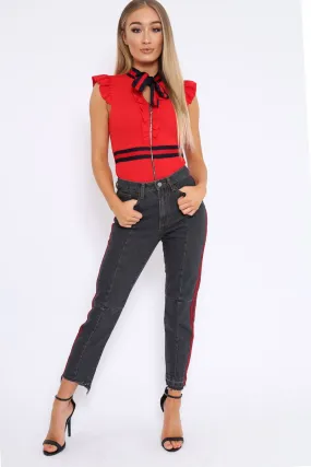 Black Mid Wash Seam Red Side Stripe Mom Jeans - Meili