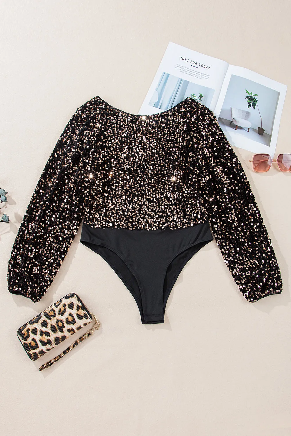 Black Sequin Deep V Back Puff Sleeve Bodysuit