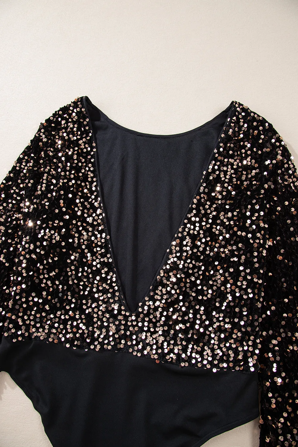 Black Sequin Deep V Back Puff Sleeve Bodysuit