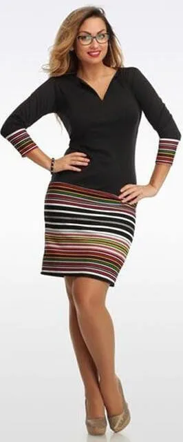 Black Stripe Print Long Sleeve V Neck Short Bodycon Dress