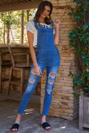 Blue Wash Ripped Front Pocket Skinny Denim Overall