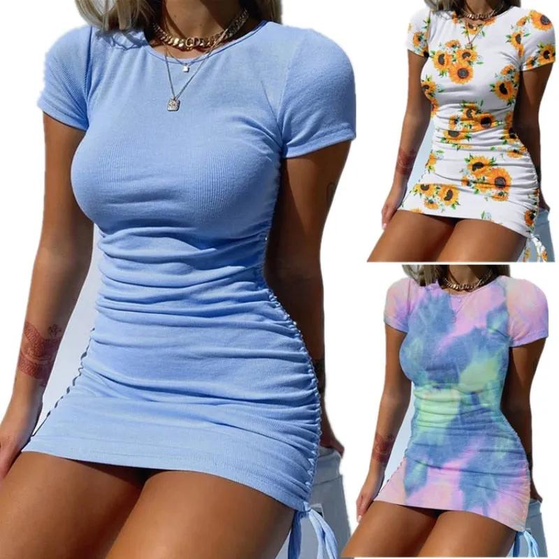 Bonnyshow  Summer Blue Dress Floral Dress Sexy Tight Crewneck Leisure Sports Skirt Casual Bodycon Dresses For Women Summer Twotwinstyle Y2k