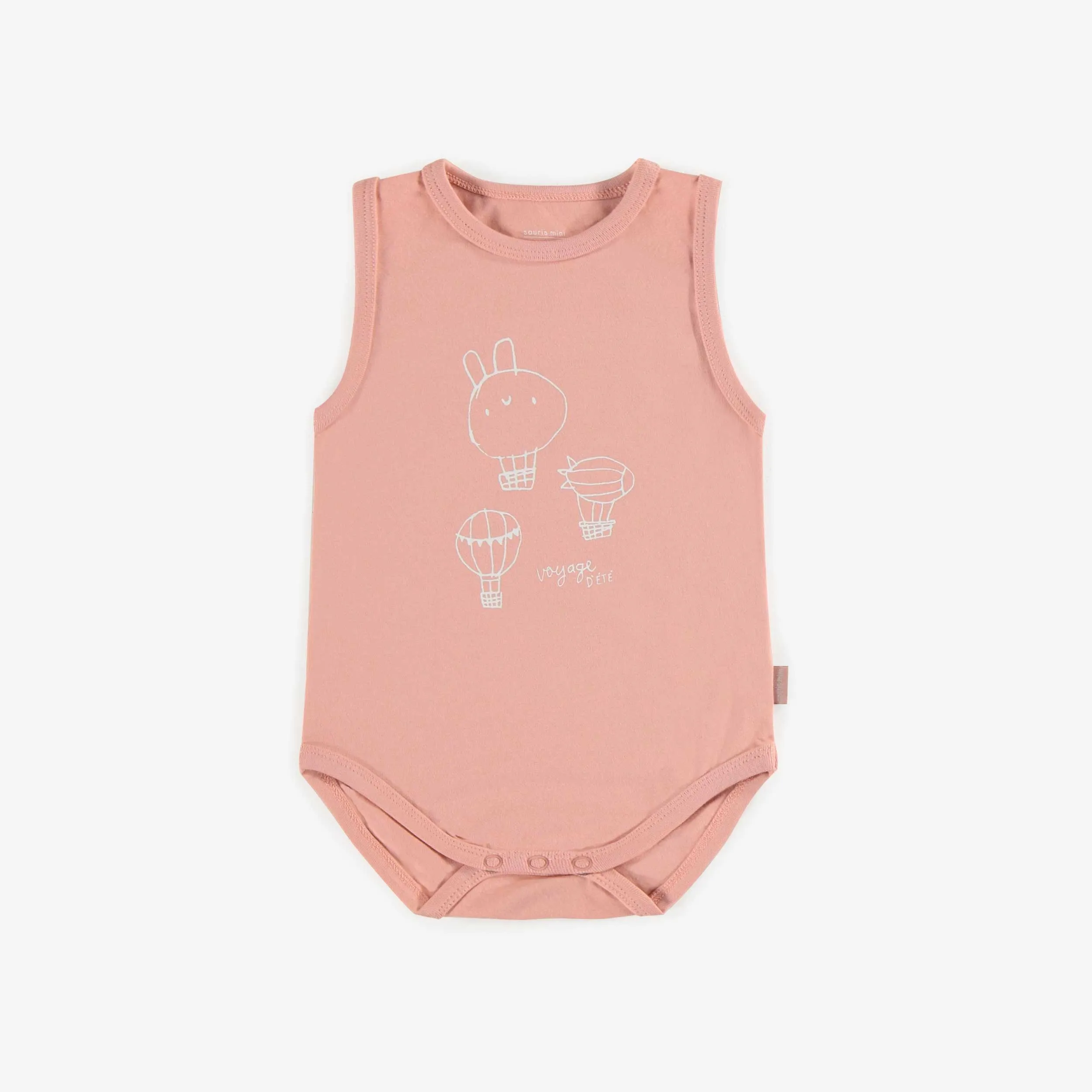 Cache-couche camisole rose pâle avec une illustration de montgolfières en jersey extensible, bébé || Pale pink bodysuit with straps and hot-air balloon illustration in stretch jersey, baby