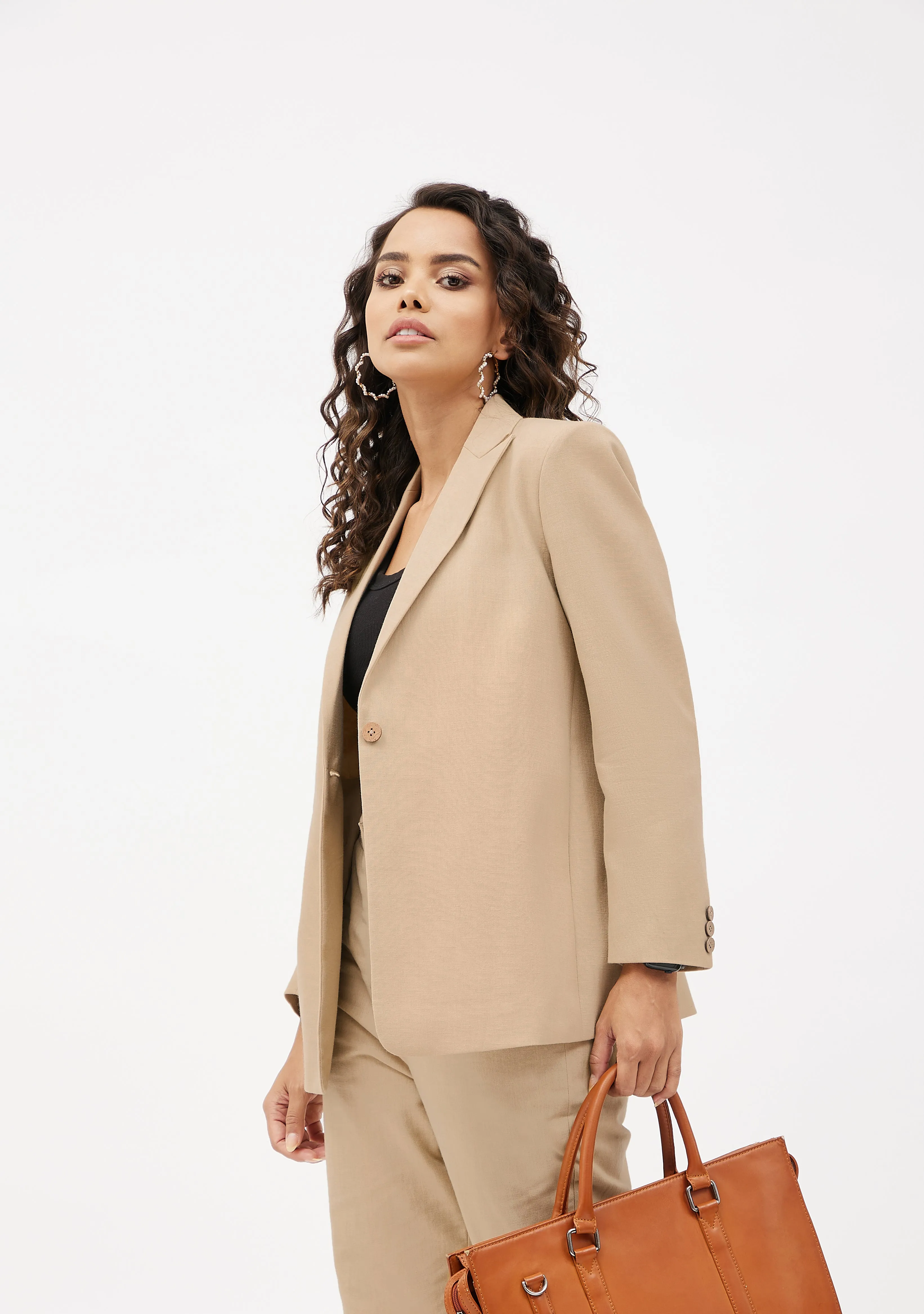 Classic Work Blazer & Trouser Women's Linen Pant Suit Set - Beige