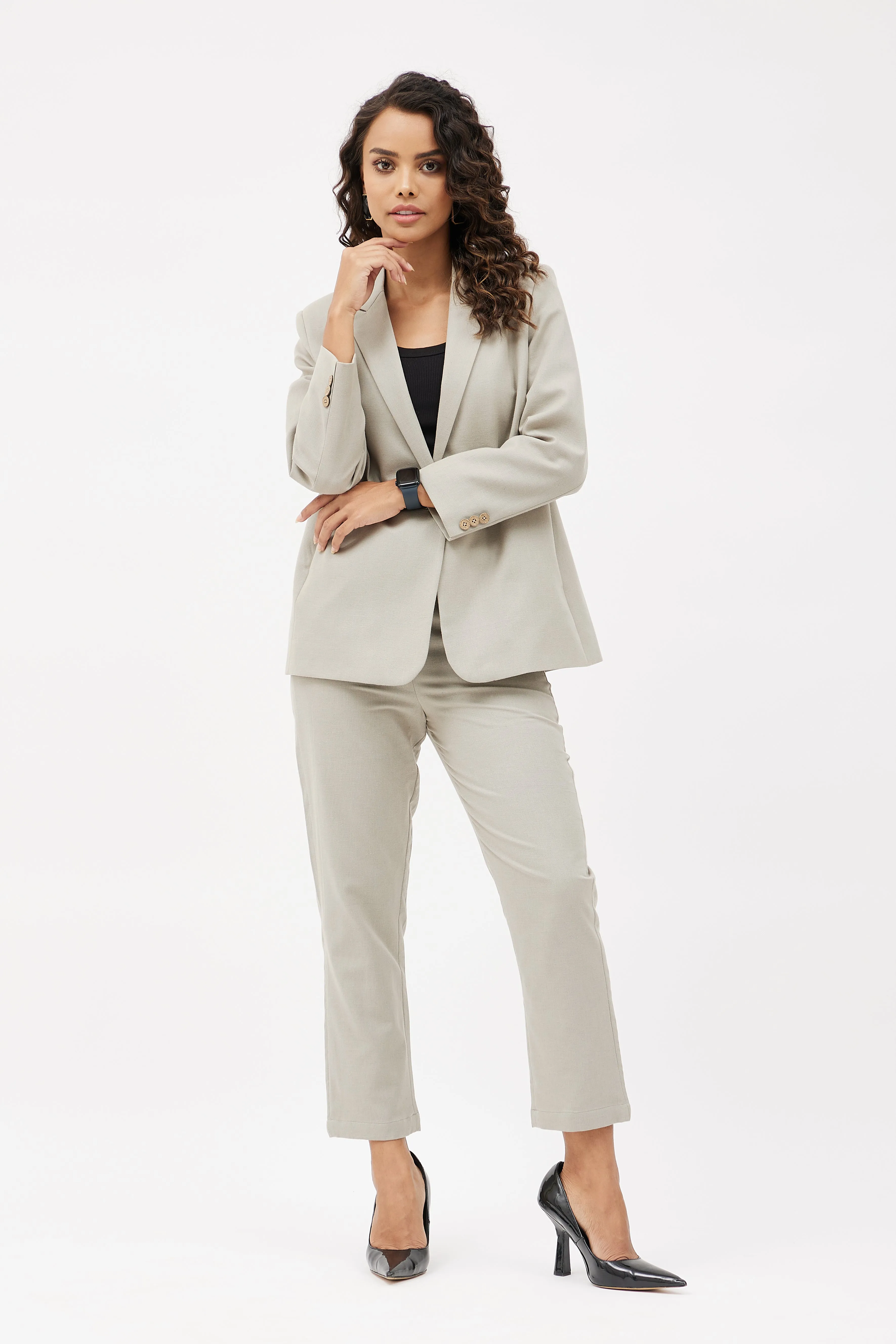 Classic Work Blazer & Trouser Women's Linen Pant Suit Set - Grey