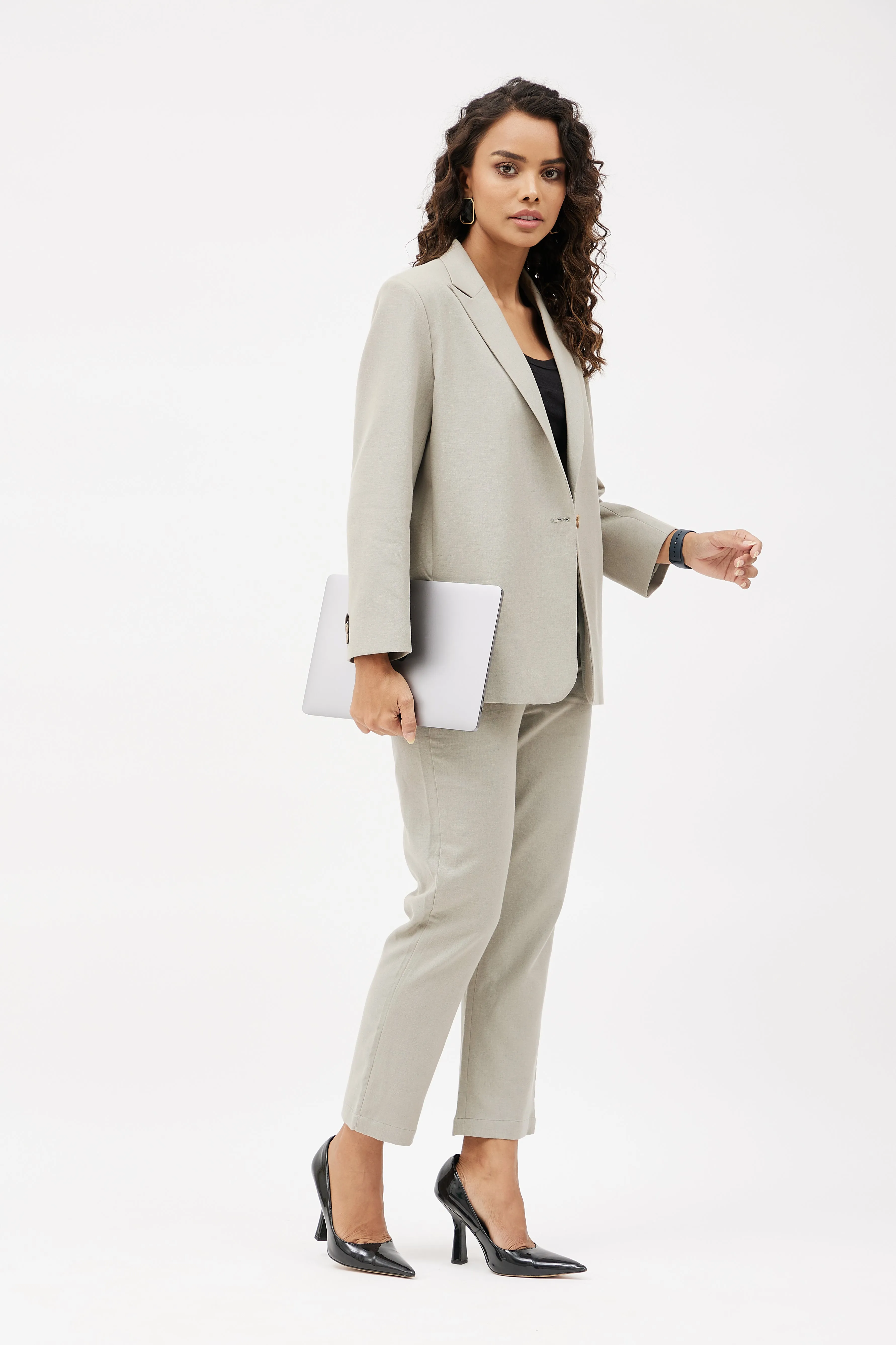 Classic Work Blazer & Trouser Women's Linen Pant Suit Set - Grey