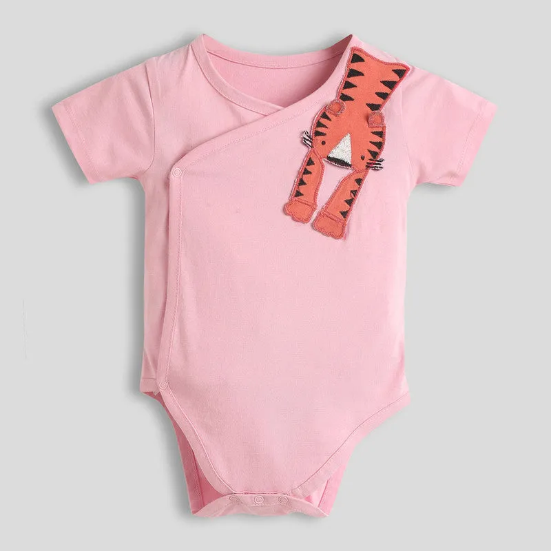 Cotton Bodysuit For Girls | 3D Tiger Wrapover | Pink