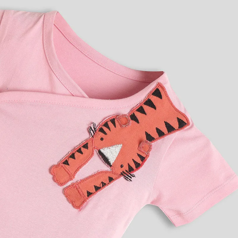 Cotton Bodysuit For Girls | 3D Tiger Wrapover | Pink