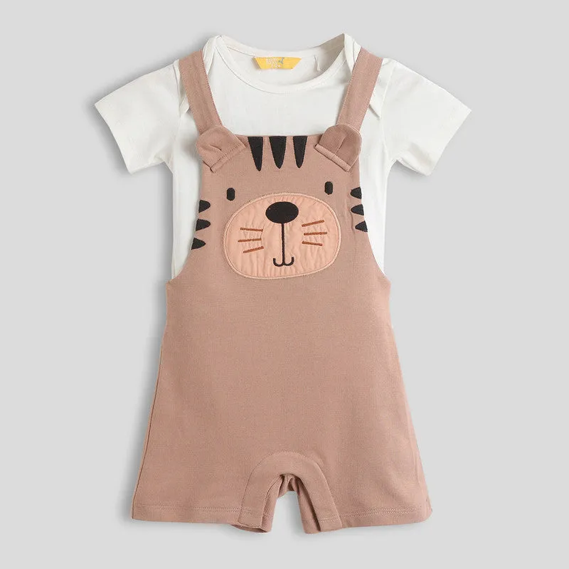 Cotton Dungaree with Bodysuit | Tiger Printed | Off-White