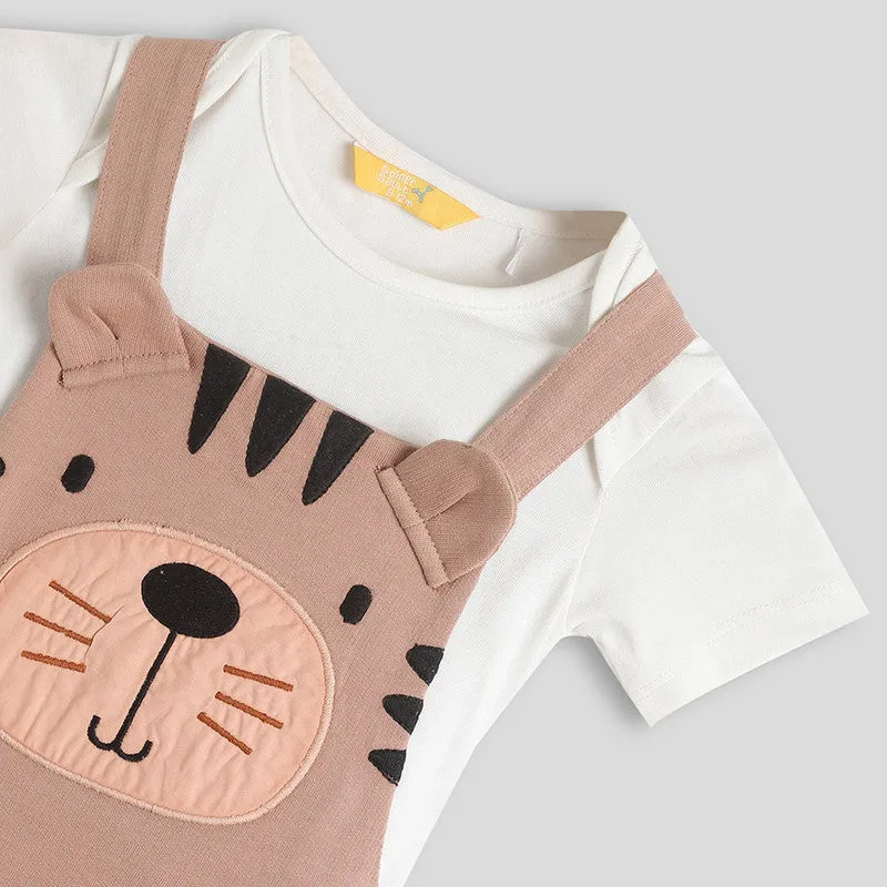 Cotton Dungaree with Bodysuit | Tiger Printed | Off-White