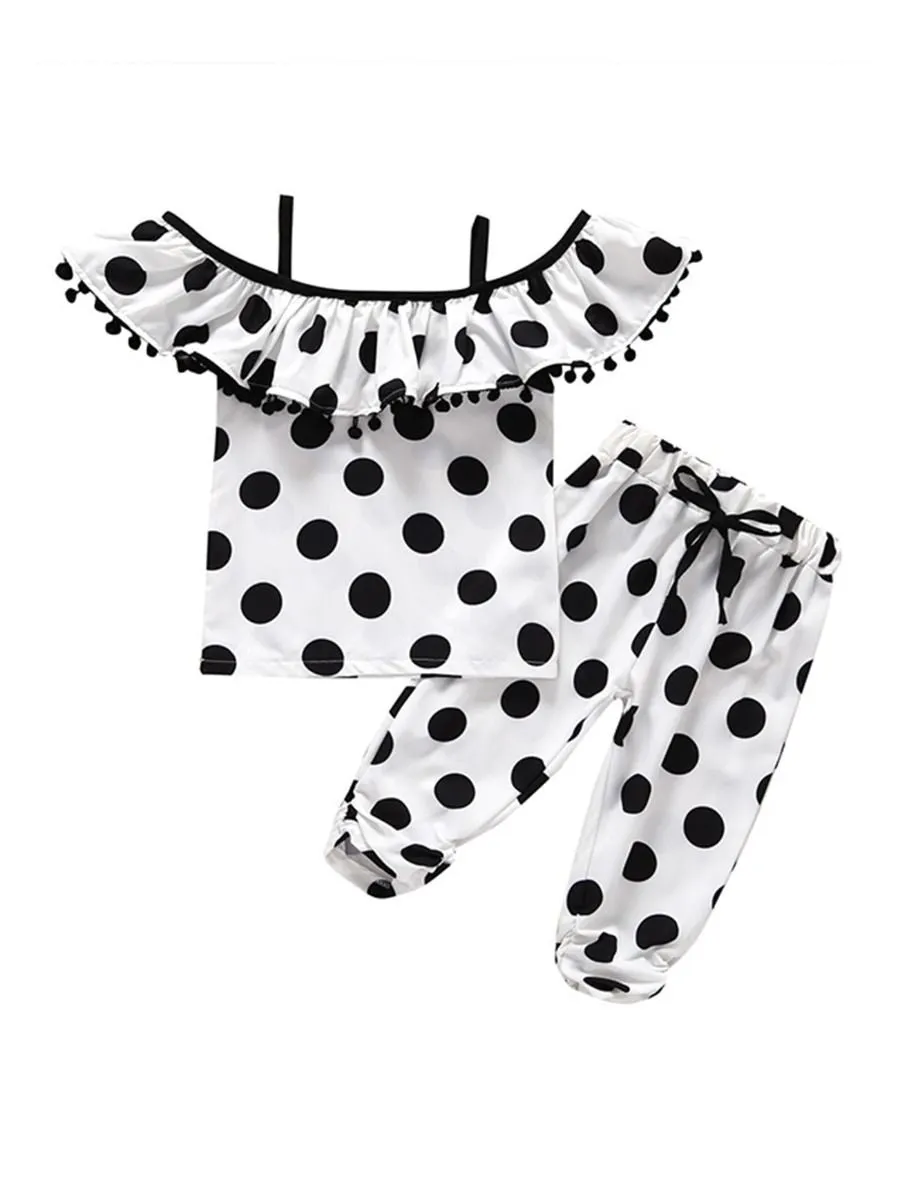 Cute Baby Little Girl 2-Piece Outfit Polka Dots Pattern Off Shoulder Top Matching Trousers