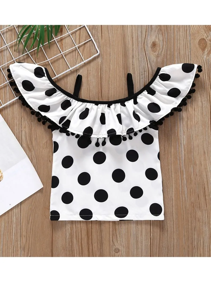 Cute Baby Little Girl 2-Piece Outfit Polka Dots Pattern Off Shoulder Top Matching Trousers