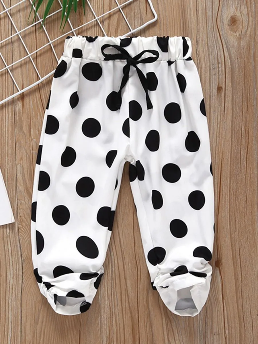 Cute Baby Little Girl 2-Piece Outfit Polka Dots Pattern Off Shoulder Top Matching Trousers