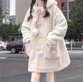 Cute Teddy Bear White Pink Autumn Winter Coat