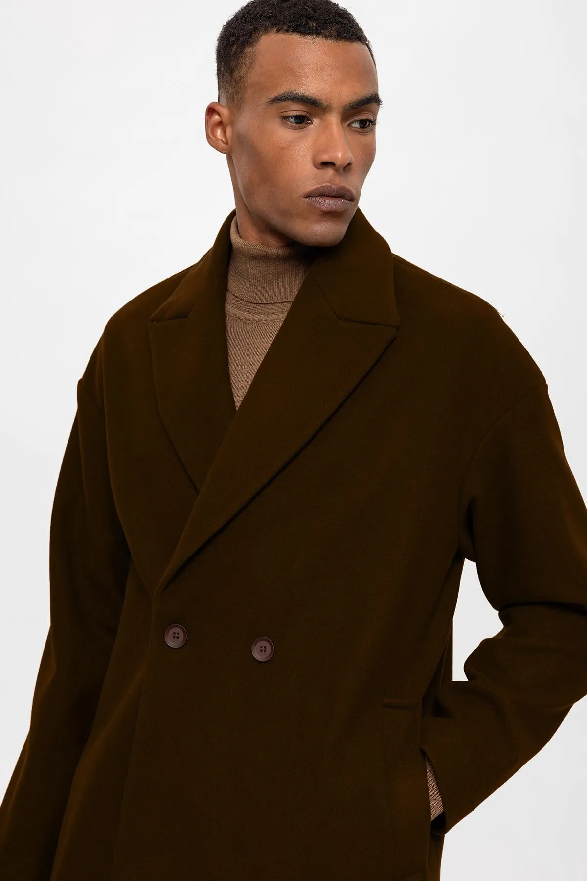 Dark Brown Oversized Double-Breasted Men's Coat  - Wessi