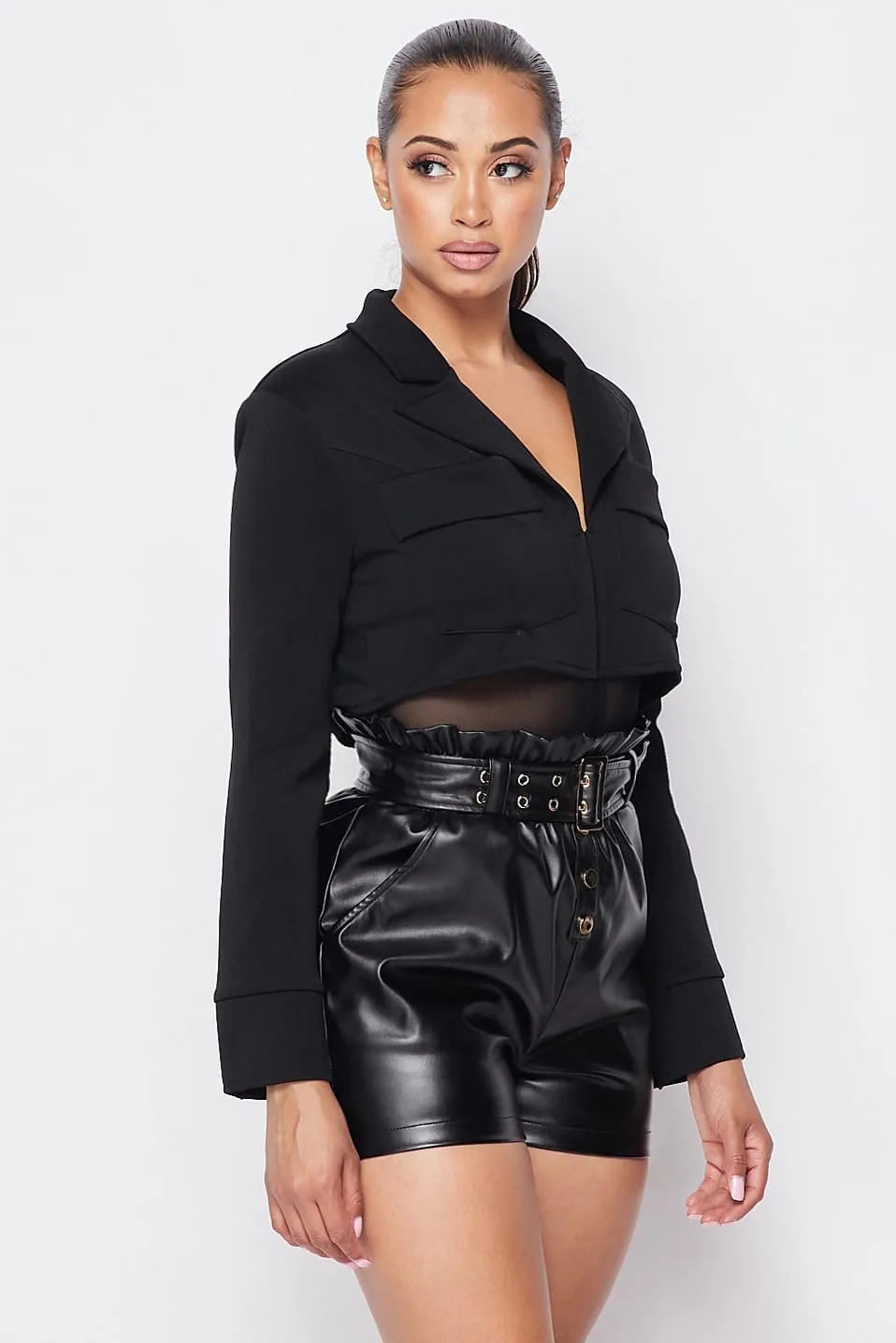 Deep-v Cropped Power Shoulder Blazer Bodysuit