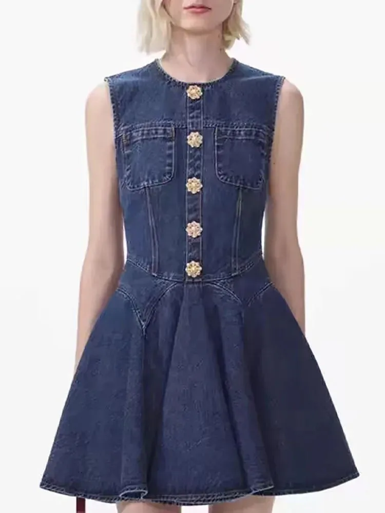 Denim Mini Dress with Fluted Pleated Skirt