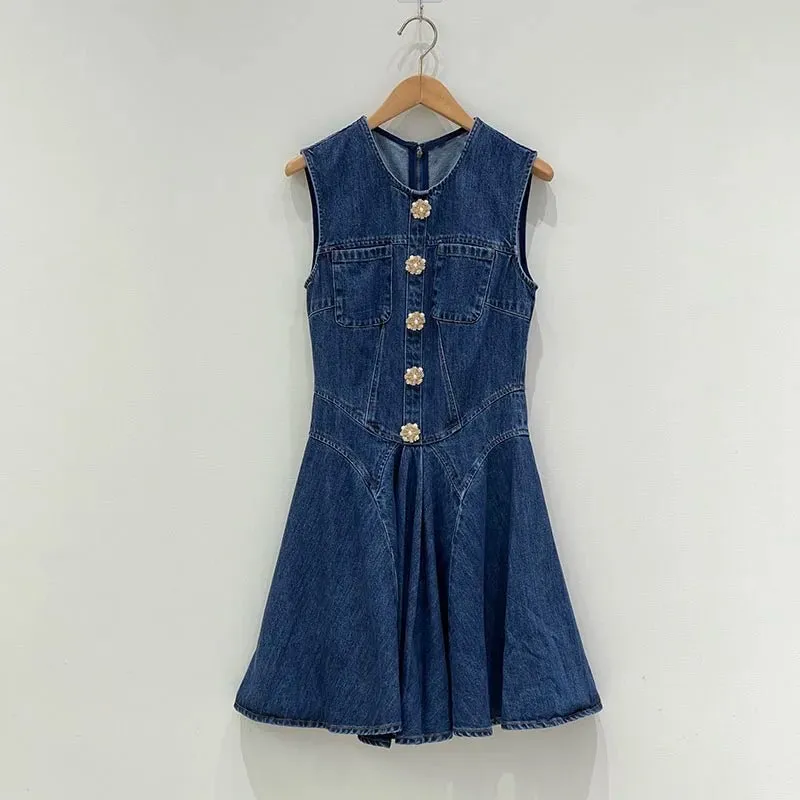 Denim Mini Dress with Fluted Pleated Skirt