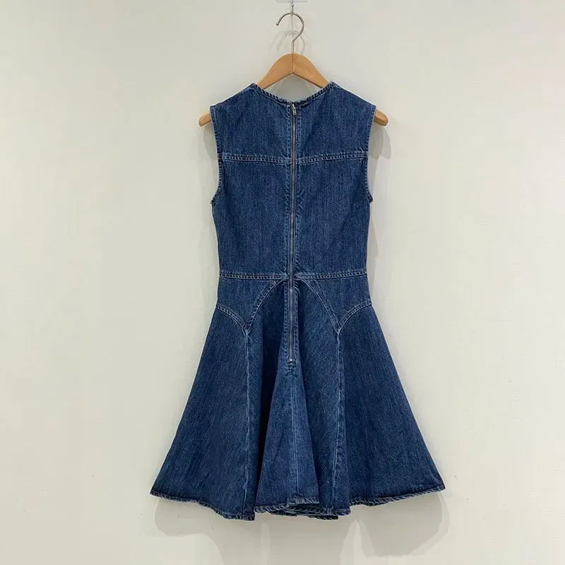 Denim Mini Dress with Fluted Pleated Skirt