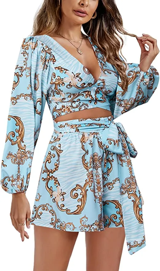 Destination Blue Printed Long Sleeve Shorts Romper