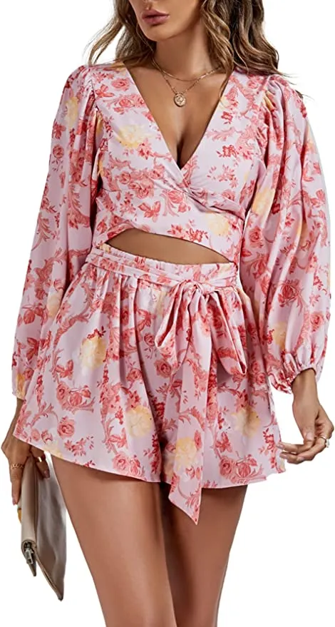 Destination Blue Printed Long Sleeve Shorts Romper