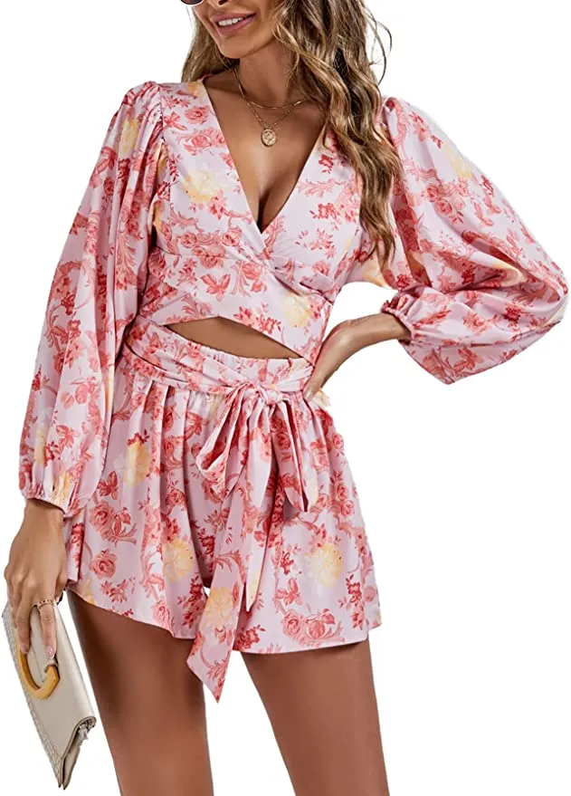 Destination Blue Printed Long Sleeve Shorts Romper