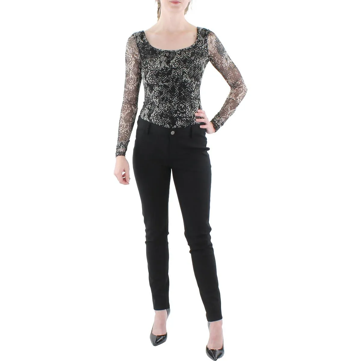 DKNY Womens Snake Print Mesh Bodysuit