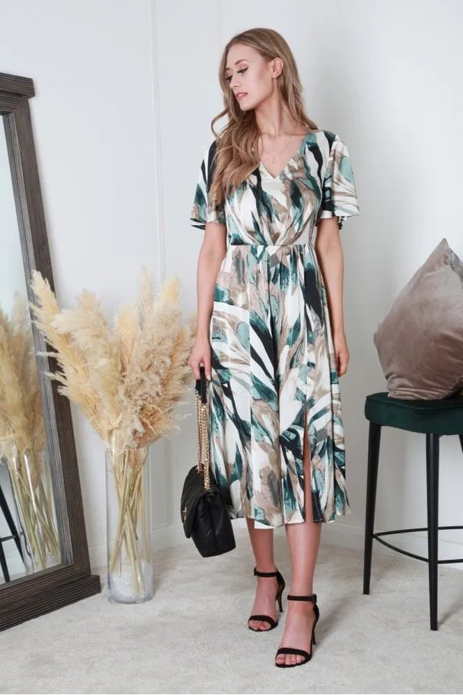 Double Second Satin Print V-Neck Split Hem Midi Dress