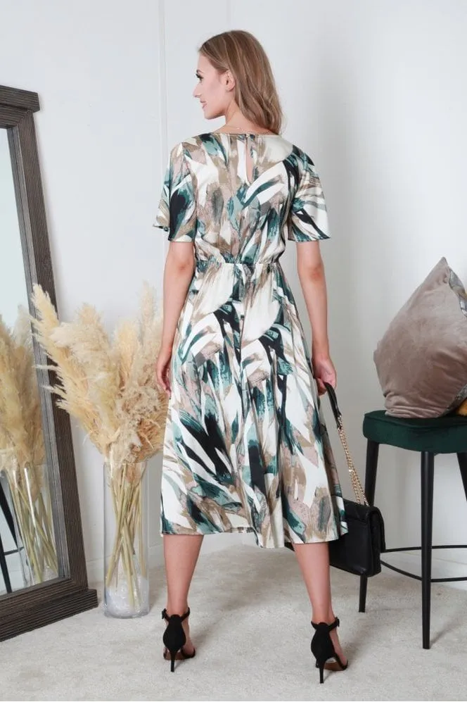 Double Second Satin Print V-Neck Split Hem Midi Dress