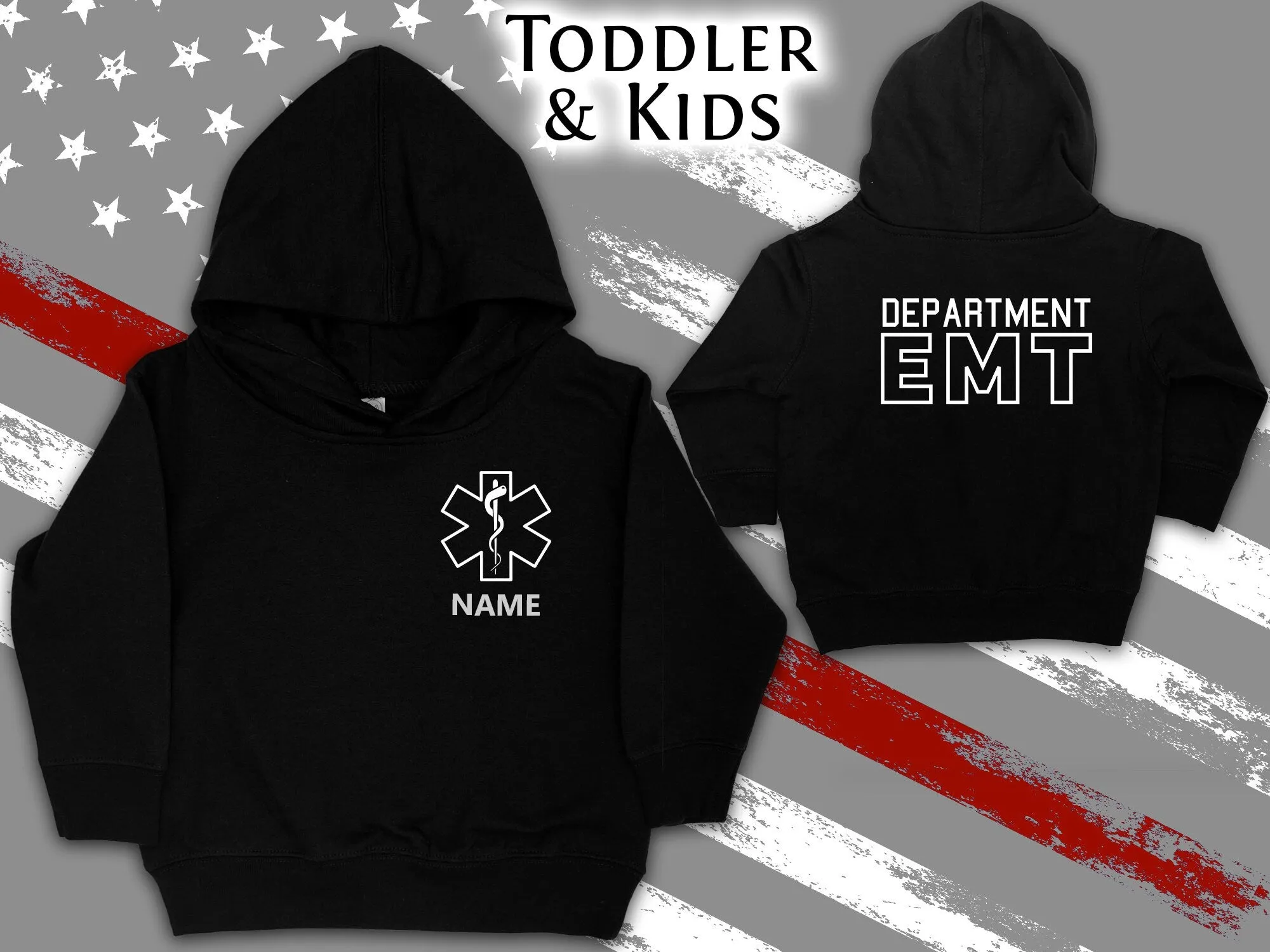 EMT Black Toddler Hoodie with Star of Life and Personalized Name - Optional Department or City on Back