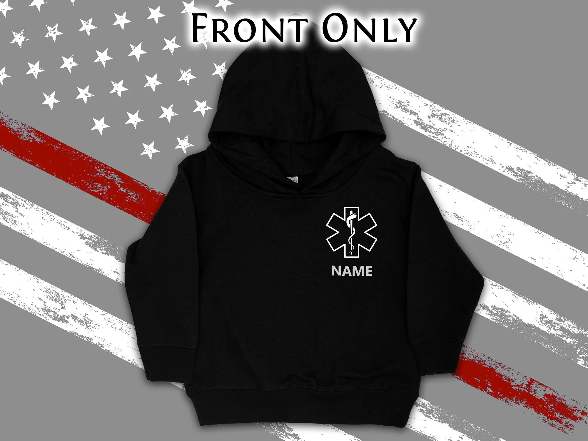 EMT Black Toddler Hoodie with Star of Life and Personalized Name - Optional Department or City on Back